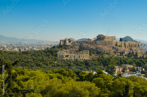 Parthenon acropolis among pine trees Athens Greece