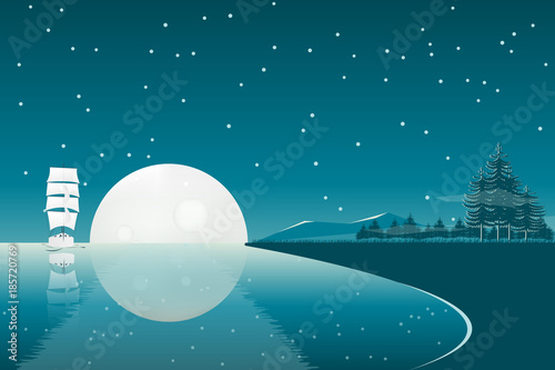 Full moon night landscape with sail ship