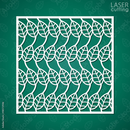 Laser cut square ornamental panel with pattern of leaves. Template of wedding invitation or greeting card. Cabinet fretwork screen. Metal design, wood carving.