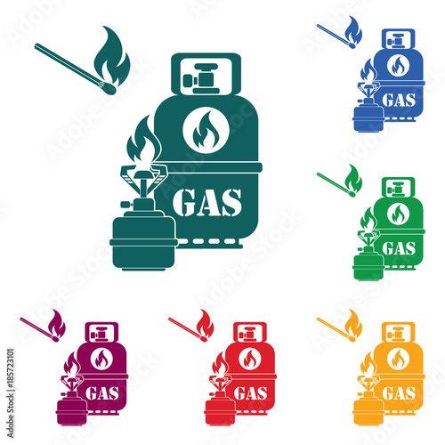 Camping stove with gas bottle icon vector