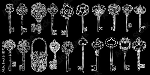Set of hand drawn antique keys. Sketch style of vintage key on black background. Old design illustration. Vector.
