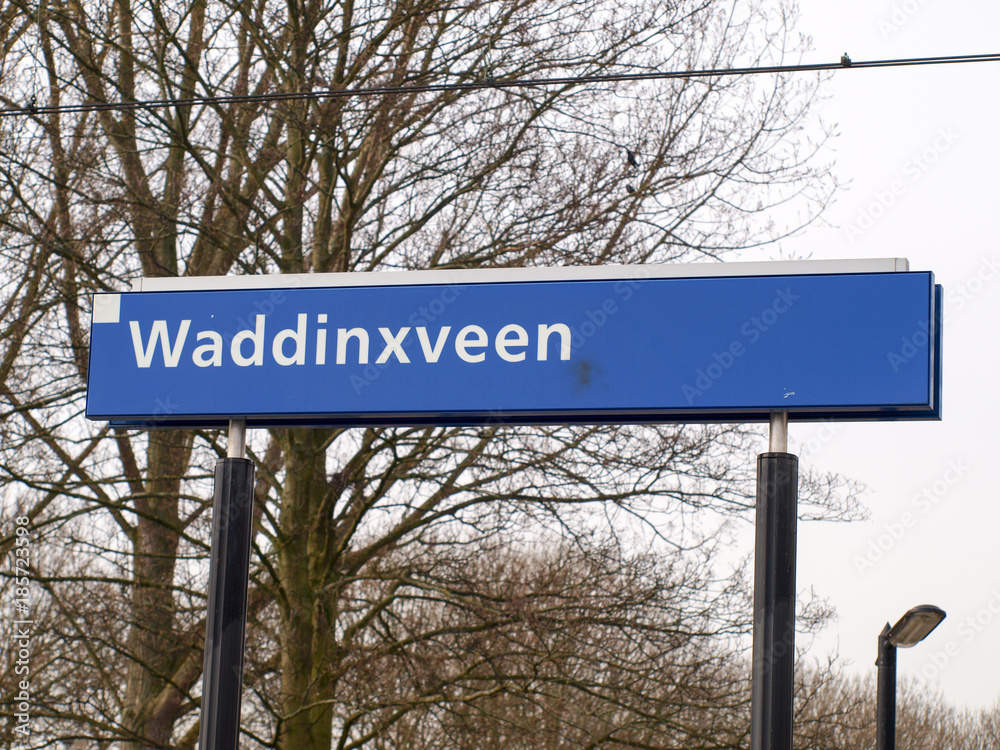 Name sign of station Waddinsveen on platform Name sign of station Waddinsveen on platform