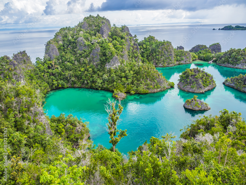 Wonderful island shape with forest, clear turquoise sea or lagoon and cloudy day