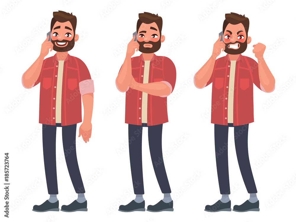 Fototapeta premium Man is talking on the phone with different emotions. Cheerful, thoughtful, angry. Vector illustration