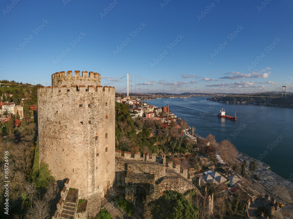 Aerial view of Rumeli Castle and Fatih Sultan Mehmet Bridge in Istanbul Turkey