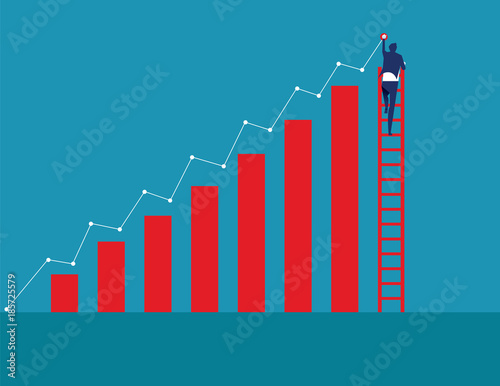 Businessman on ladder and drawing growing trend. Concept business vectdor illustration.