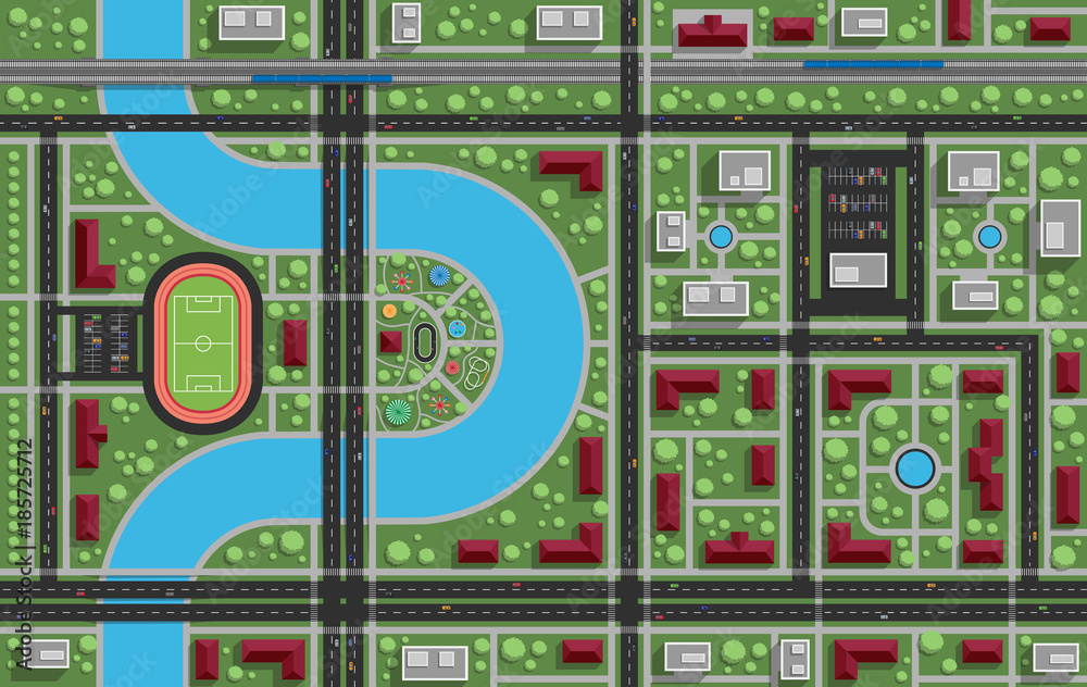 Residential area with a park, stadium, river, railway. View from above. Vector illustration.
