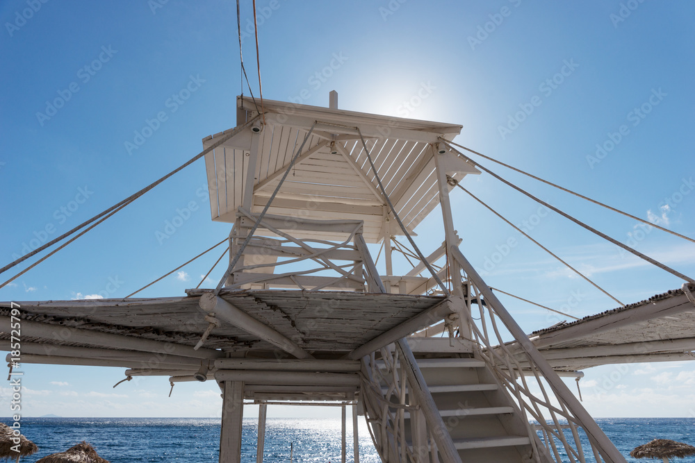 Lifeguard tower on the beach in Perissa Santorini, Greece