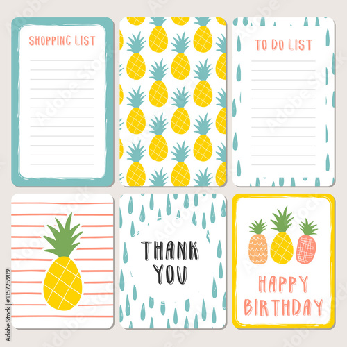 Cute hand drawn cards with stripes and pineapples. Vector illustration.