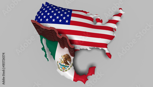 3D Illustration. Border wall between Mexico and USA