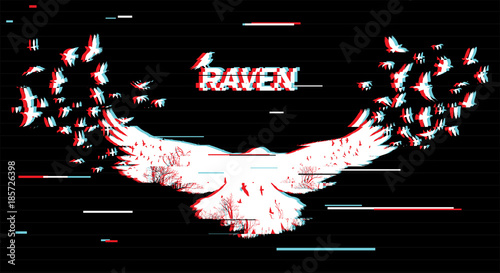 Vector illustration of the white raven silhouette with the fluttering wings on a black background Double exposure with glitch effect.