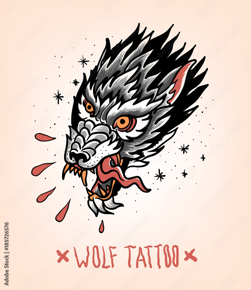 Head of Tearing Wolf in the style of Traditional tattoo. Old school.  Векторный объект Stock | Adobe Stock