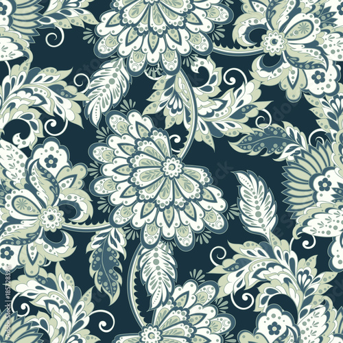 Floral seamless pattern with ethnic flowers and leaf, vector floral illustration in vintage style