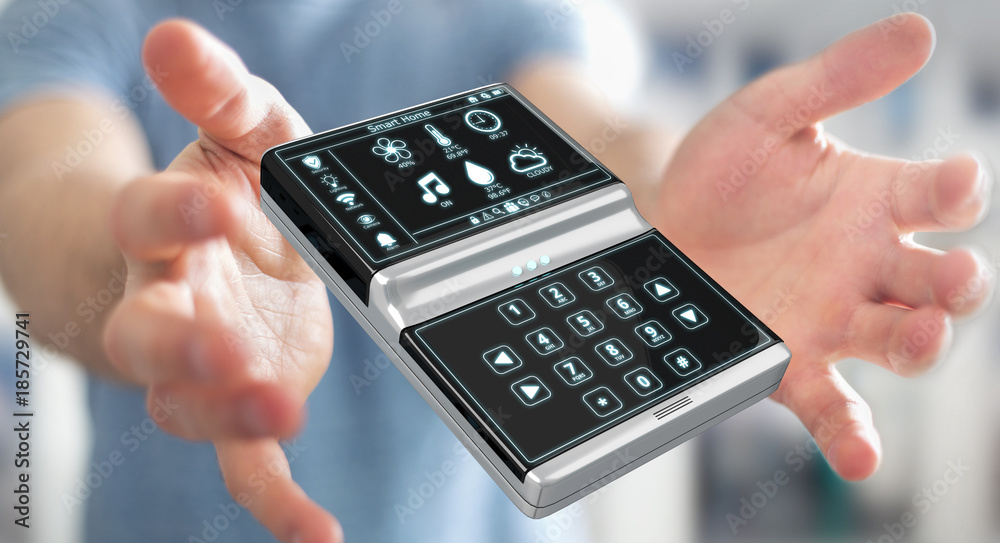 Businessman using smart home remote device 3D rendering Businessman using smart home remote device 3D rendering