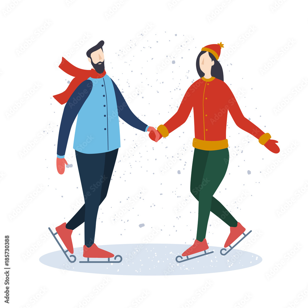 Winter recreation. Cartoon girl and guy skating. Vector illustration on a light background.