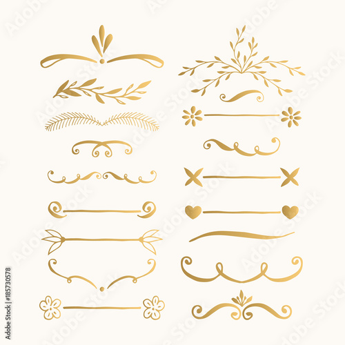 Set of hand drawn lines and text dividers. Vector. Isolated.