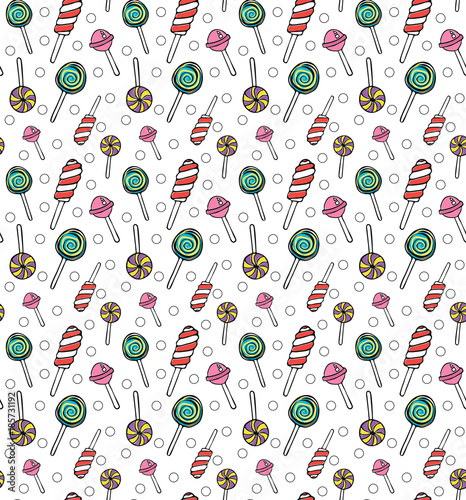 Vector lollipops seamless pattern. Cartoon doodle sweet candy background.