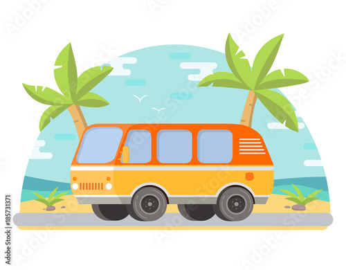 Tropical landscape palm trees on the seashore the sandy beach.Road a trip a travel to van.In flat style a vector.Tour bus.Summer trip mobile accommodation to a holiday on a vintage retro motor home.