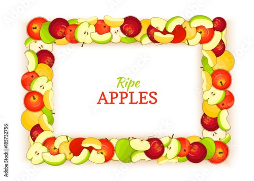 Horizontal rectangle frame composed of delicious apples fruit. Vector card illustration. Rectangle apple frame fruits for packaging design food, juice jam, ice cream, smoothies, detox cosmetics cream
