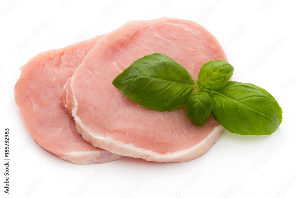 Fresh raw beef steak isolated on white background, top view.