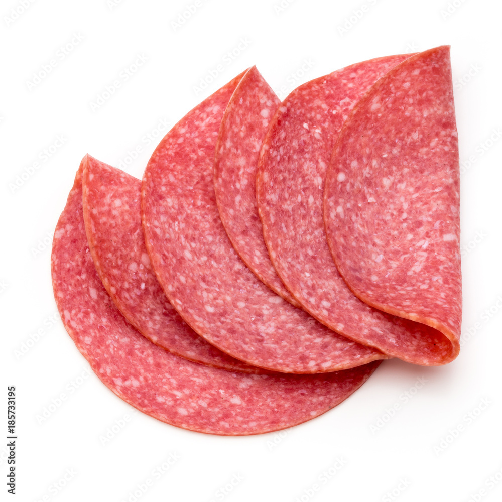 Salami slices isolated on the white background. Salami slices isolated on the white background.