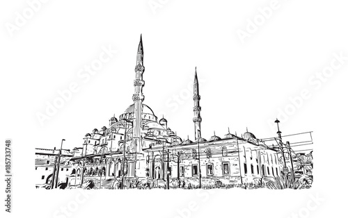 Hand drawn sketch of New Mosque Istanbul, Turkey in vector illustration.