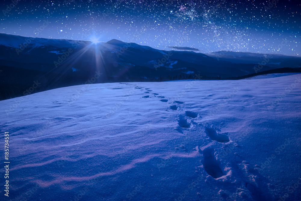 The track of footprints on a snow in a carpathian mountain valley