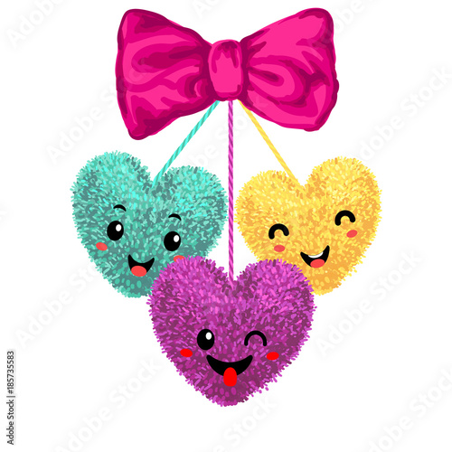 Decortive elements with pom-poms in the shape of a heart