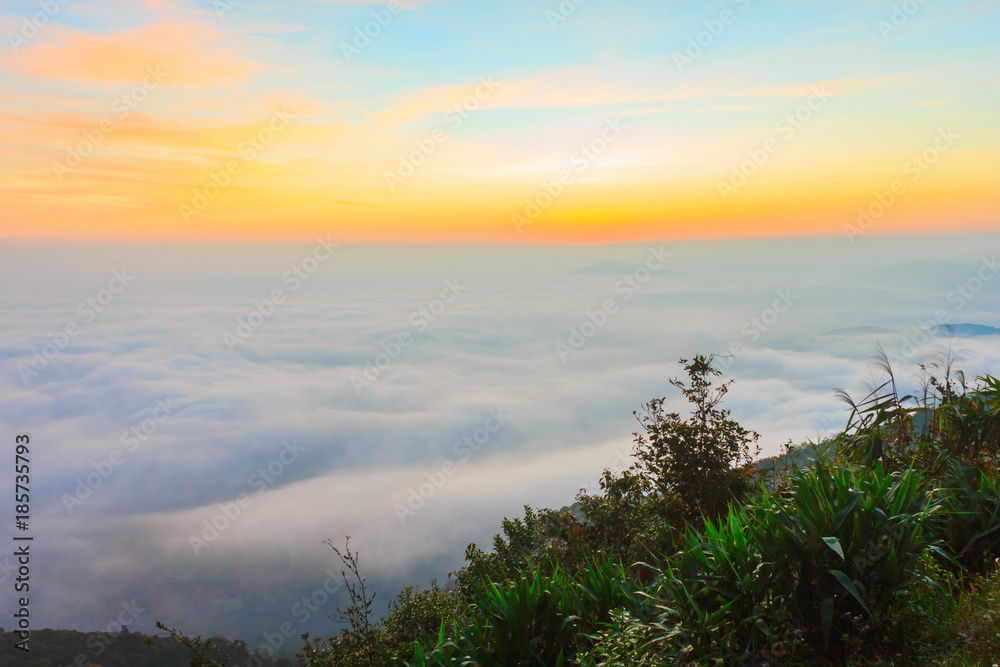 sunrise time and fog around mountain at PHU-RUEA national park