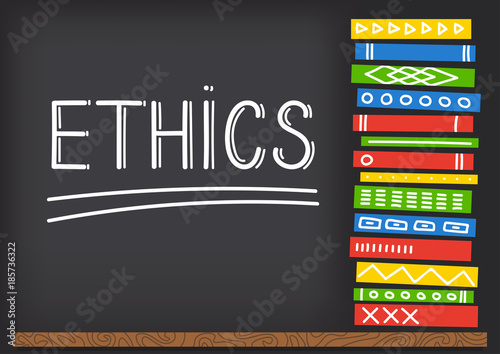 Stack of books and hand drawn ethics on dark background. Vector illustration