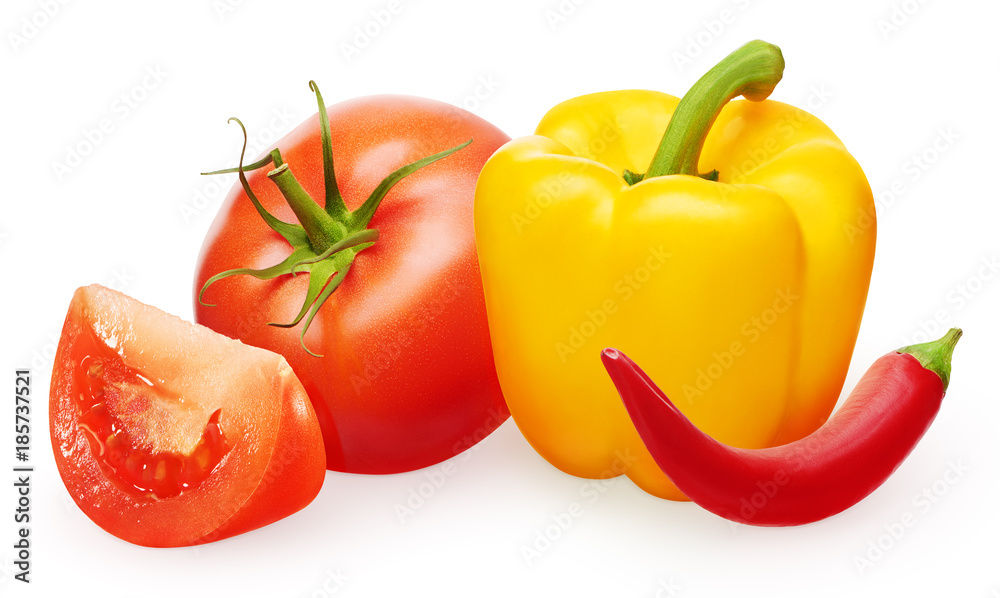 Red tomato with slice, chili and yellow bell pepper Red tomato with slice, chili and yellow bell pepper