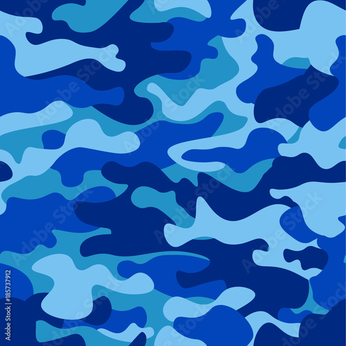 Camouflage pattern background seamless vector illustration. Classic clothing style masking camo repeat print. Blue colors marines texture