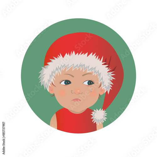 Cute resentful baby Santa Claus emoticon.  Christmas upset child emoji. Santa hat offended kid avatar isolated vector illustration