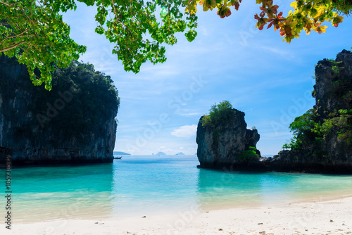 landscape - view of the bay from the island of Hong with white sand on the beach  Thailand