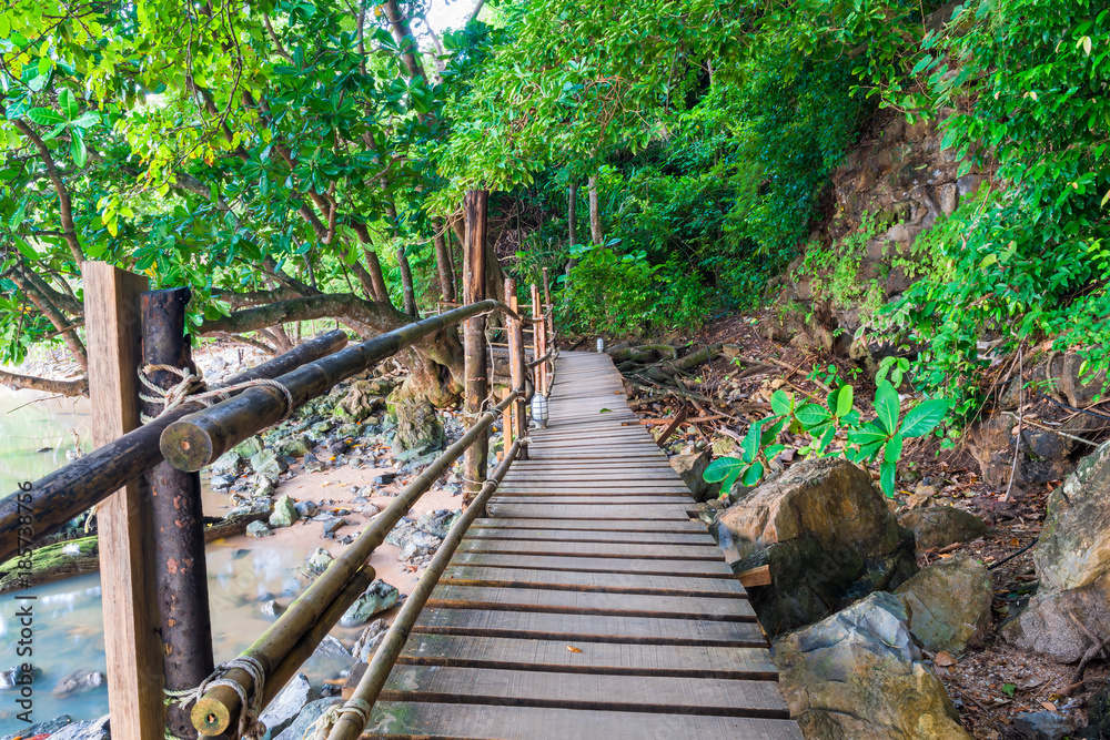 an empty wooden path in the jungles of Thailand near the sea