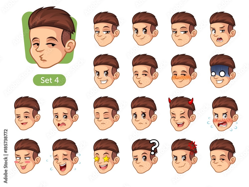 The fourth set of male facial emotions cartoon character design with red  hair and different expressions, happy, bored, scary, pervy, uptight,  disgust, amaze, silly, mad, etc. vector illustration. Stock Vector | Adobe