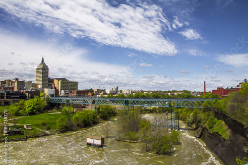 Exterior daytime stock photo of bridge over genesee river in Rochester New York in Monroe County on semi cloudy summer day