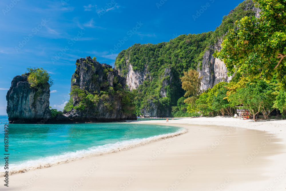 beach with white sand, turquoise sea, beautiful view of the island of Hong, Thailand