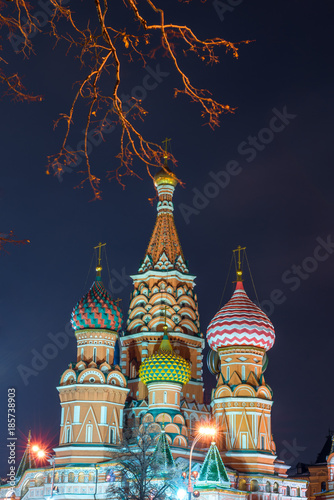 St. Basil's Cathedral on Red Square in the city center on a winter night