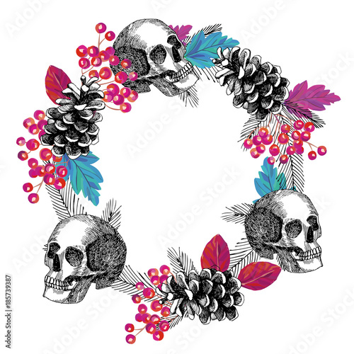 circular frame of skull cone rowanberry leaves