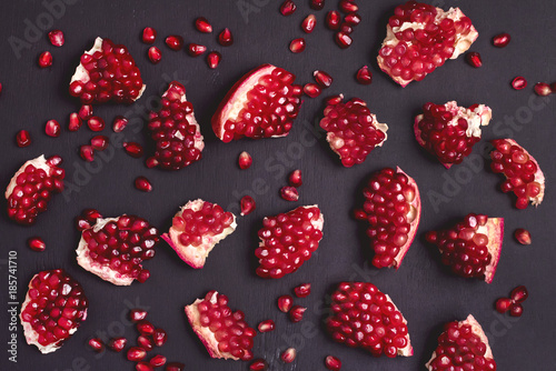 Flat Lay Background With Fresh Pomegranat Seeds Black Background Top View Toned