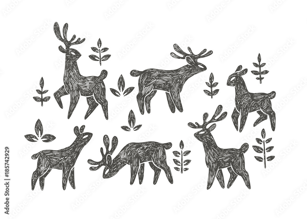 Vector hand drawn illustration with deer herd in forest isolated on white background. Natural pattern with cute animals and floral elements in ethnic ornamental style for print.