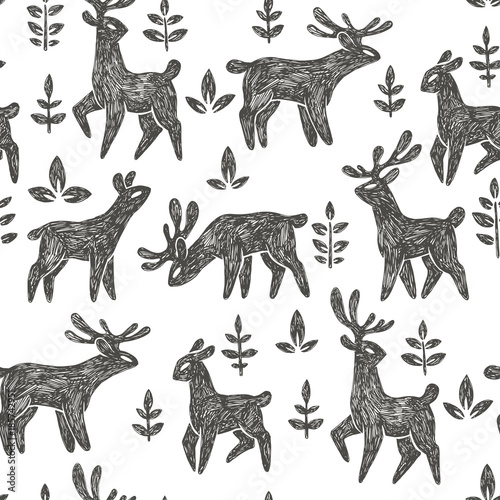 Vector seamless pattern with deer herd in forest. Hand drawn texture with cute wild animals and floral elements in ethnic style isolated on white. Natural background © mashikomo