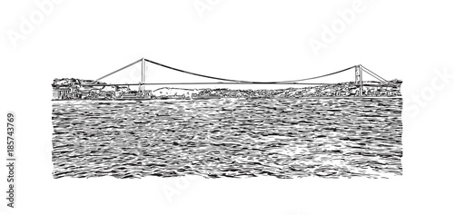 Hand drawn sketch of Iconic shot of Istanbul Bosphorus Bridge, Istanbul, Turkey in vector illustration.