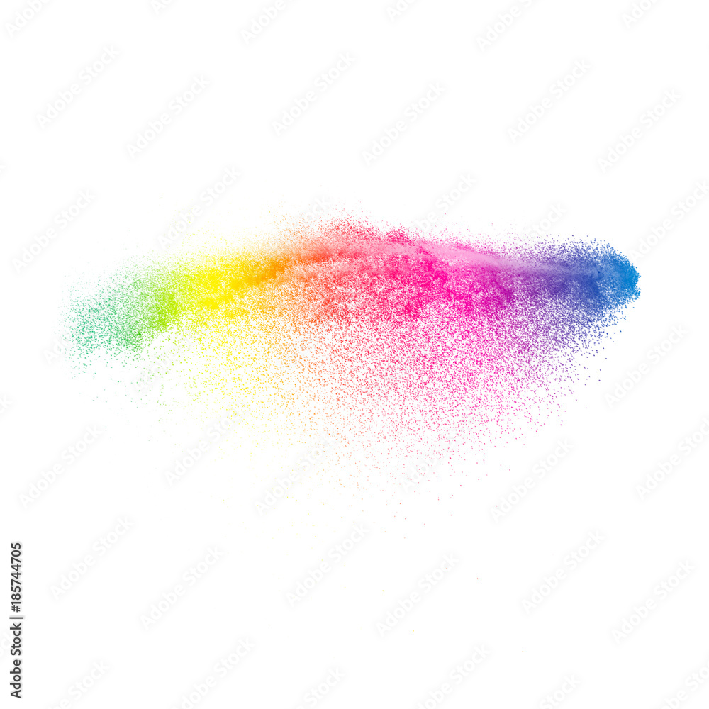 Multicolored sand explosion isolated on white background. Abstract sand cloud. Multicolored  sand splash agianst on clear background. Sandy fly wave in the air.