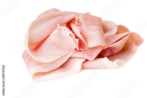 Italian pork ham slices on white background