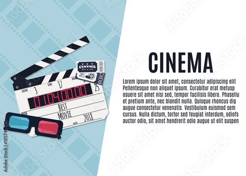 Movie clapper board, tickets and video glasses. Template for banner, flyer or poster. Vector illustration