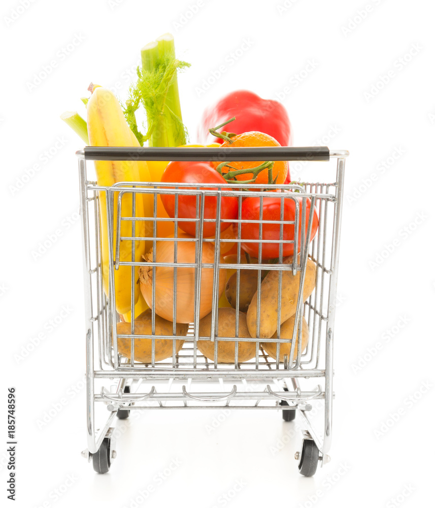 Fotografie Shopping Cart With Vegetables And Fruit, Rear View