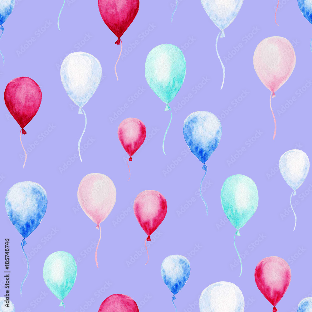 Watercolor baby shower pattern. Blue and pink balloons on the white background. For design, print or background