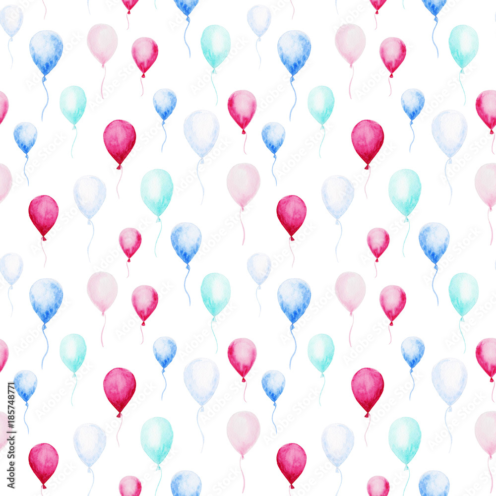 Watercolor baby shower pattern. Blue and pink balloons on the white background. For design, print or background